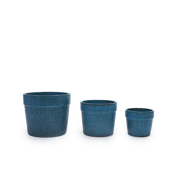 Set of 3 Textured Ceramic Flower Pots, Modern Antique Blue Planters for Patio, Garden, Windowsill - Indoor Outdoor Plant Containers