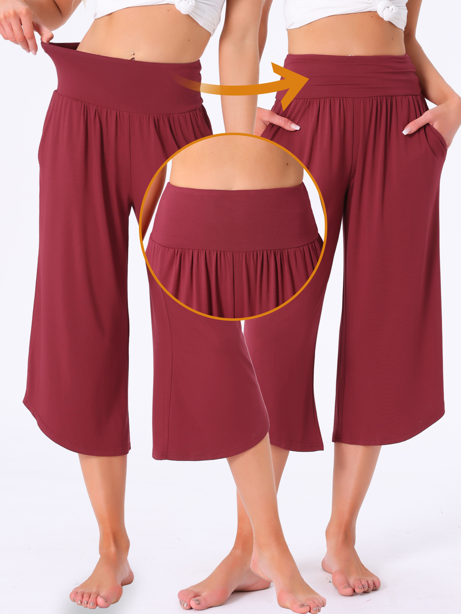 DARING DIVA Women's Capri Lounge Yoga Cropped Summer Casual Wide Leg Pants XL Wine Red