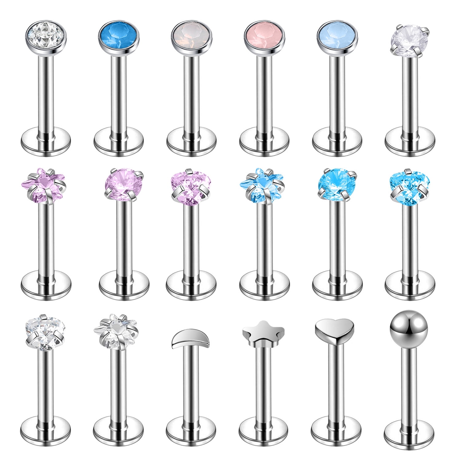 18Pcs/set 16G Opal Labret Lip Studs Cubic Zircon Monroe Medusa Piercing