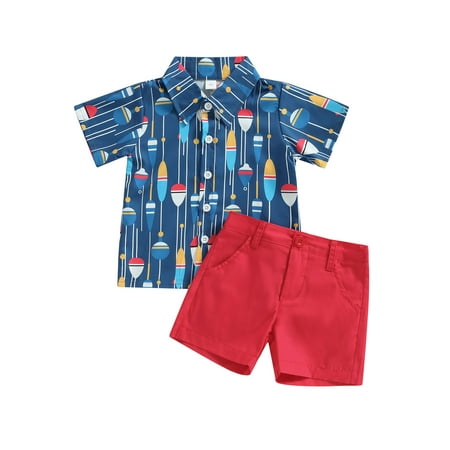 

Sunisery Toddler Baby Boys Summer Outfits Fish Print Short Sleeve Button Down Shirt Tops and Shorts 2Pcs Sets Dark Blue 18-24 Months