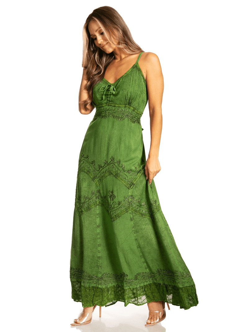 Sakkas Stonewashed Rayon Embroidered Adjustable Spaghetti Straps Long Dress  - Green - S/M - Walmart.com