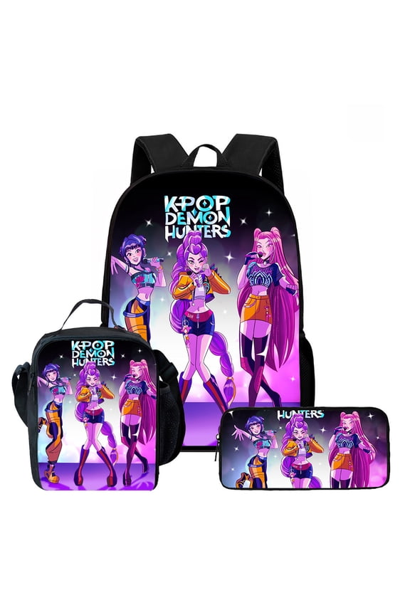 New cartoon anime 3D Korean-style Neon Demon Squad cool printed large-capacity backpack lunch bag three-piece set