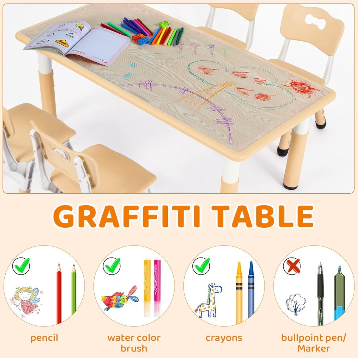LAZY BUDDY Kids Table and 6 Chairs Set, Rectangular Children Activity Table with Graffiti Desktop, Height Adjustable, for Daycare, Classroom, Home