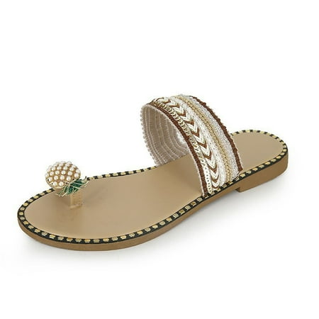 

OAVQHLG3B Women s Sandals on Clearance Pineapple Pearl Rhinestone Thong Outside Wear Seaside Flat Beach Shoes Roman Slippers
