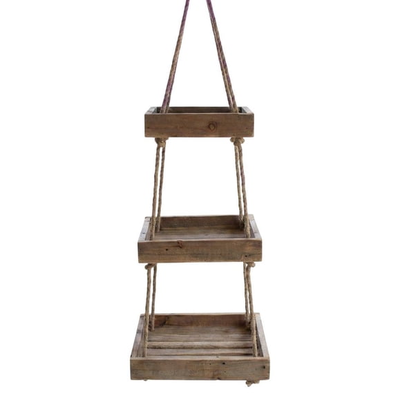 HANGING THREE TIERED SQ RECYCLED WOOD DISPLAY W JUTE ROPE