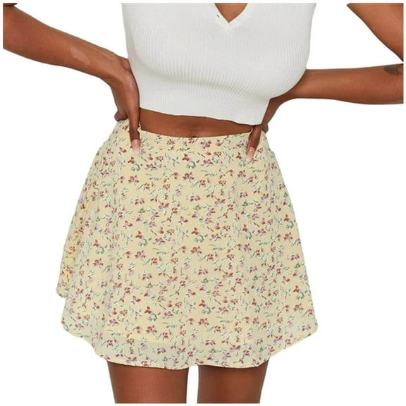 Summer Skirt Saving! Jerdar Women's Floral High Waist Mini Skirt Chiffon Zipper A-Line Short Skirt Yellow XL