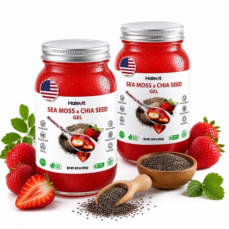 Halevit Wildcrafted Irish Sea Moss Gel | Sea Moss, Chia Seeds, Strawberry | 16 Oz | Made in USA | 32 oz | 2-Pack