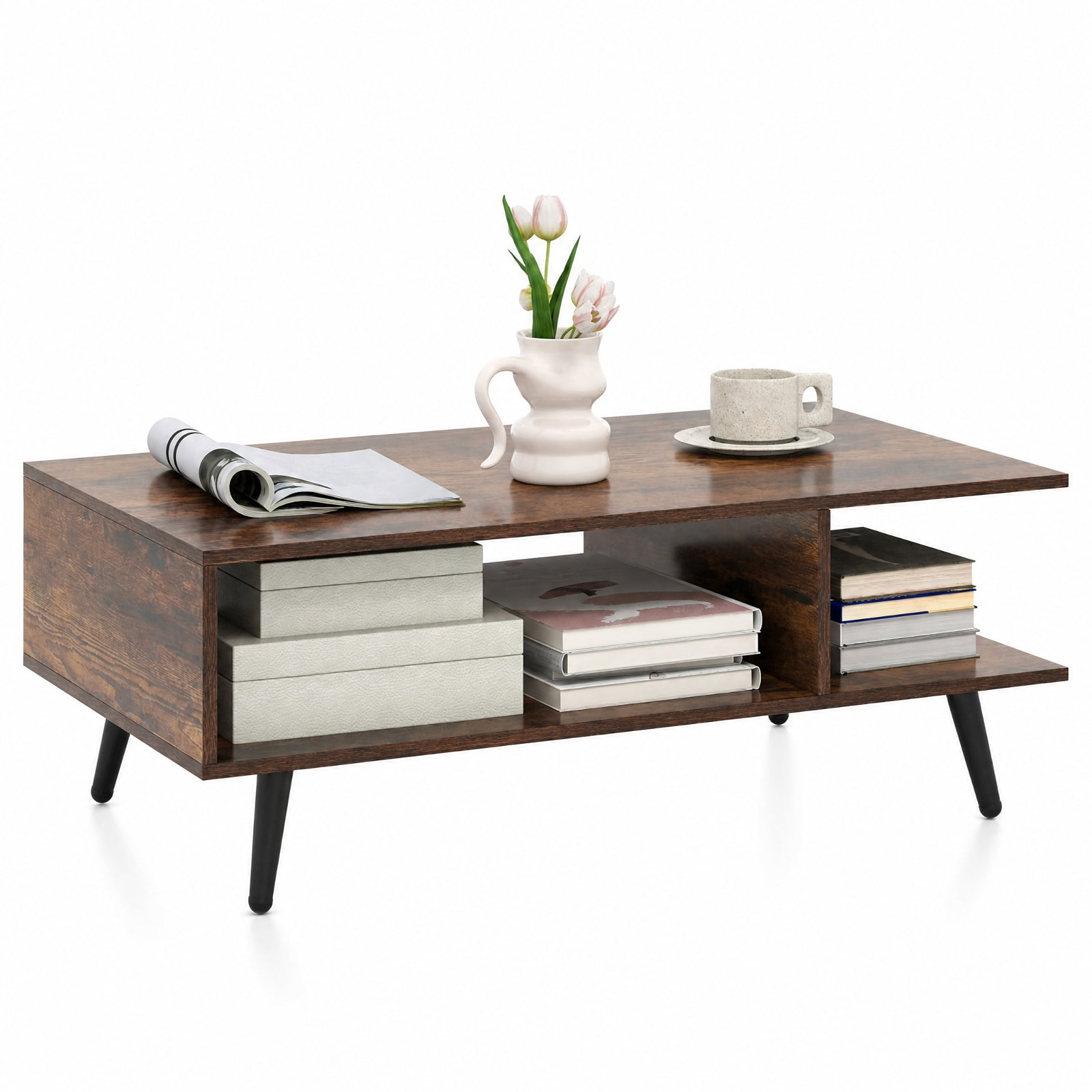 Furnibear Mid Century Modern 2-Tier Rectangle Coffee Table with Two Open Compartments and Tapered Metal Legs for Living Room, Rustic Brown