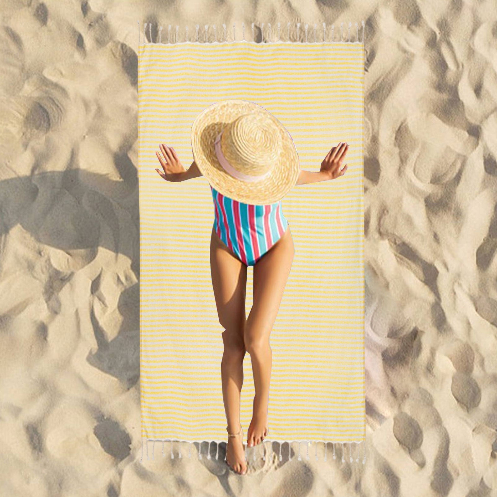 Fringed Striped Beach Towel Set 2-Pack | Oversized 59x39 Inch Cotton Bath & Pool Towel with Backpack | Quick Dry, Sand Free, Lightweight, Absorbent | For Adults & Kids | Multiple Colors | Embroidery