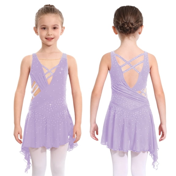 Hansber Girl's Lyrical Dance Dress Figure Ice Skating Asymmetrical Skirt Leotard Ballet Contemporary Dancewear Lavender 8