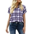 thumbnail image 2 of Women Short Sleeve Button Down Plaid Print Casual Blouses Tops, 2 of 4