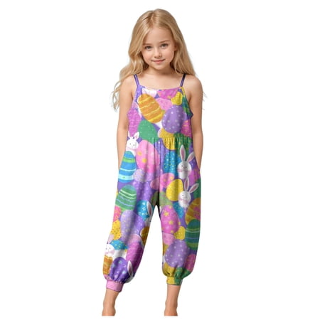 Staki Toddler Girl Easter Romper Jumpsuits for Girls Casual Sleeveless Loose Spaghetti Strap Summer Rompers Long Pants with Pockets 1-10Y(Light Purple 7-8Years)