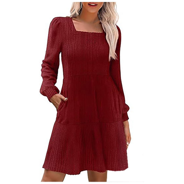 OSFVNOXV Fall Wedding Guest Dress for Women Textured Ribbed Knit Top Long  Sleeve Crew Neck Mini Dress with Pockets