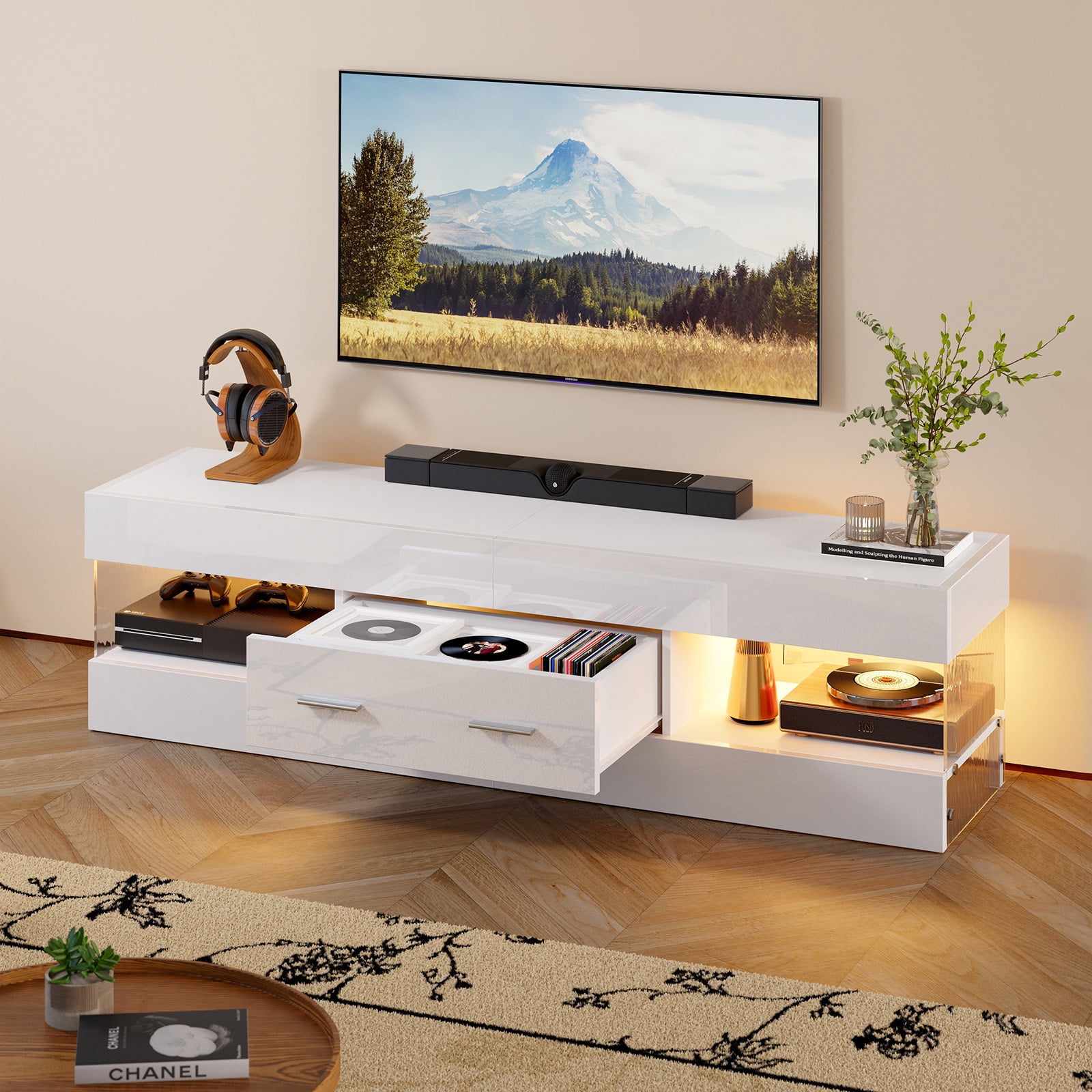Bestier White TV Stand for TVs up to 65", Modern Entertainment Center for TVs with LED Light, High Gloss TV Console Table with Storage Drawers
