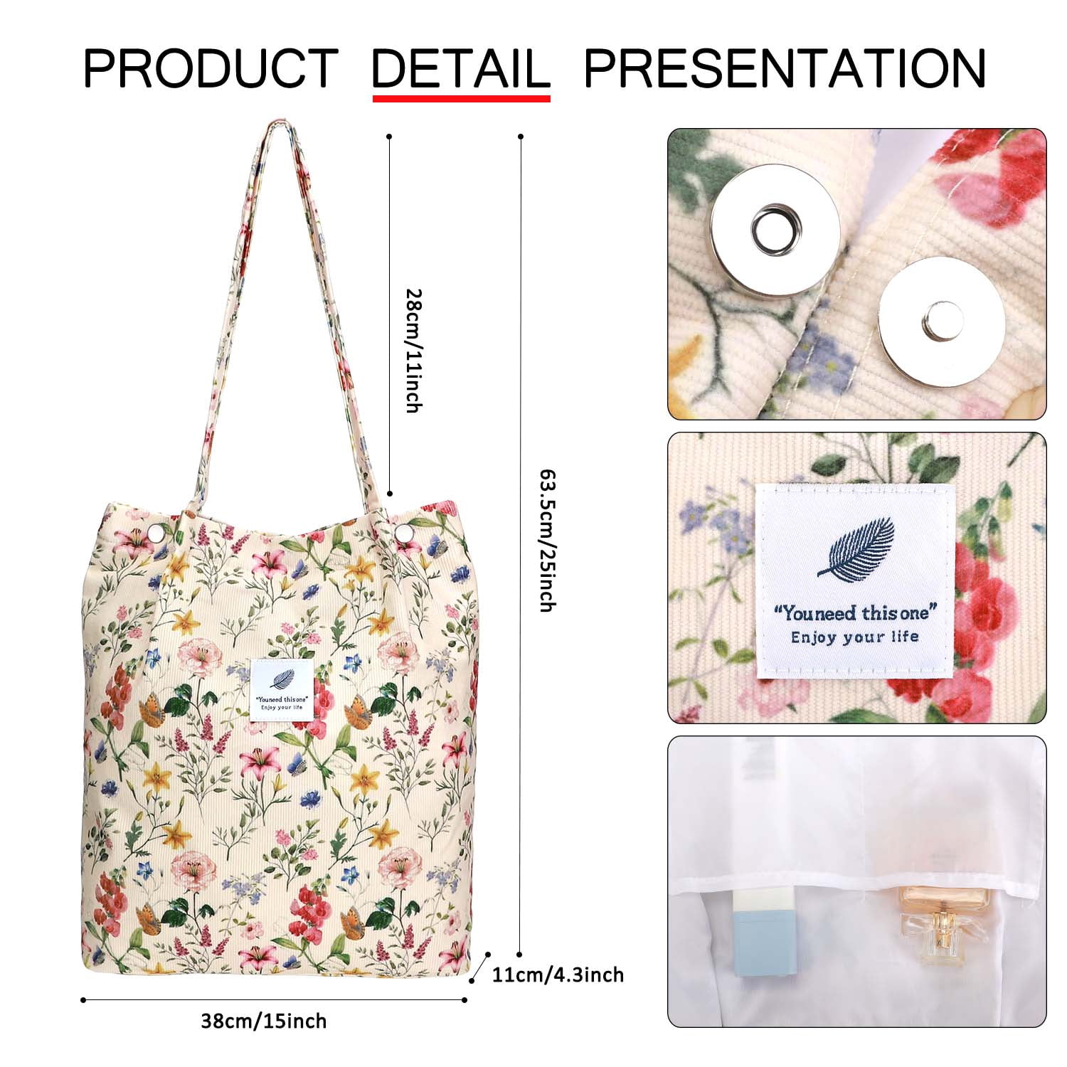 Ayieyill Corduroy Tote Bag Large for Women Girl Lady Canvas Shoulder Cord Purse and Handbags with Inner Pocket (Retro Flower)