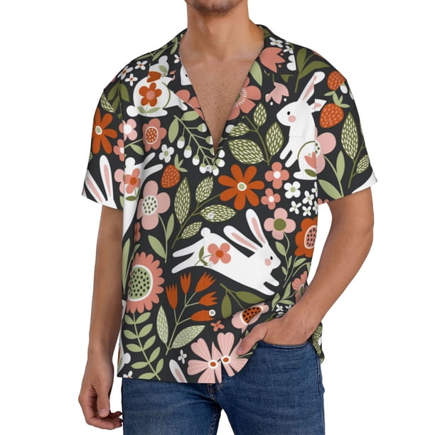Balery Rabbits on Floral Camisa Casual de Manga Corta con Botones para Hombre, Texturizada, Estilo Cubano, para Playa, Verano-Medium