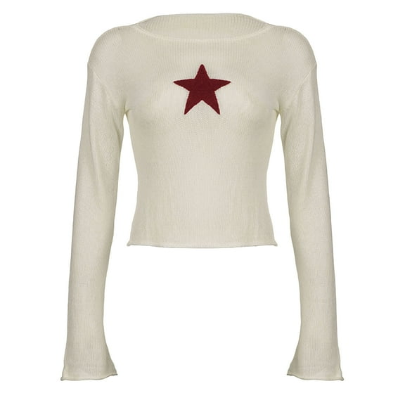 Elippeo Women Knit T-shirt, Long Sleeve Crew Neck Star Slim Fit Fall Tops for Casual Street