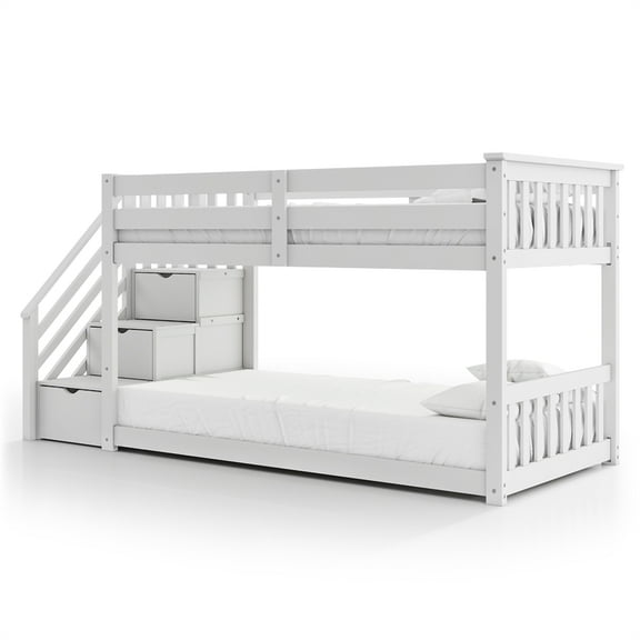 Furniture of America Sabrina Wood Twin over Twin White Bunk Bed with Staircase