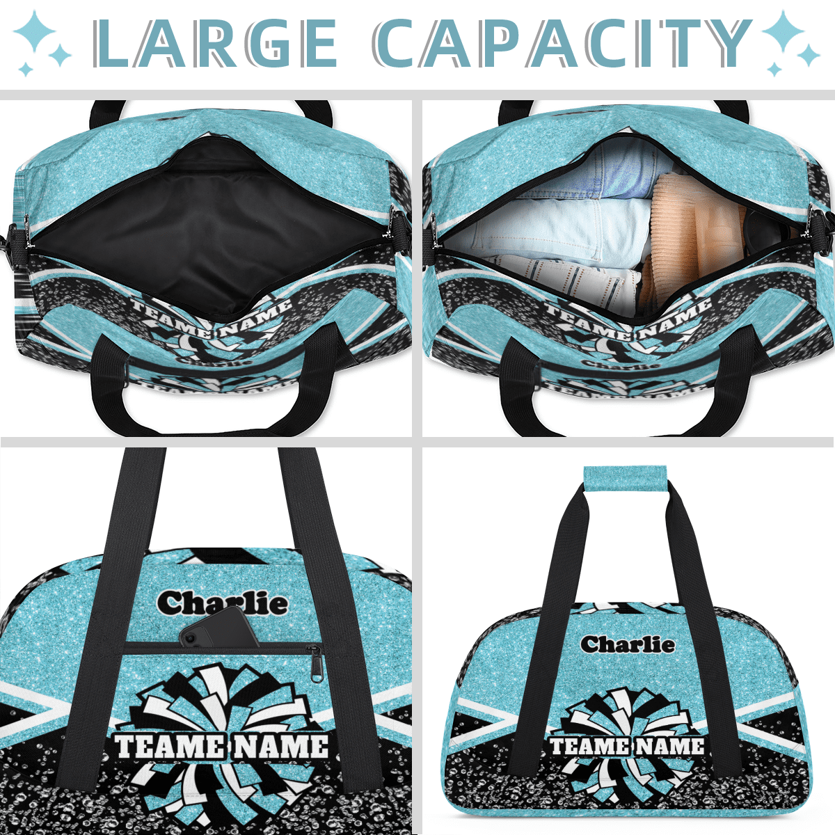 Personalized Cheerleader Bag Dance Bag, Custom Team Bag Gym Bag Sport Duffel Bag, Weekender Bags Travel Bag for Cheer Team Azure Glitter
