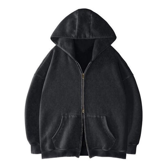 WULMLEO Mens Double Zip Up Hoodie Oversized Acid Wash Heavyweight Fleece Cotton Hoodies Vintage Fashion Sweatshirts with Pocket Black XL