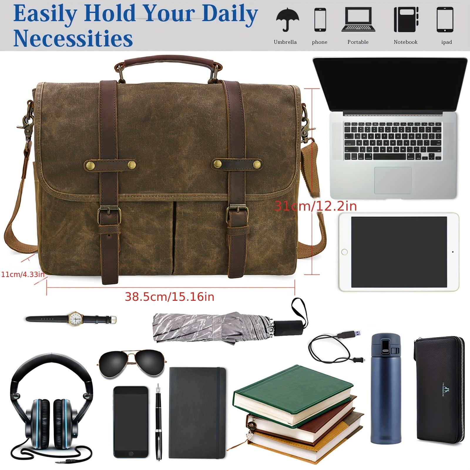Vintage Waxed Canvas Messenger Bag for Men, 15.6" Laptop Briefcase with 9 Pockets, Heavy-Duty Work Satchel for Business Travel College