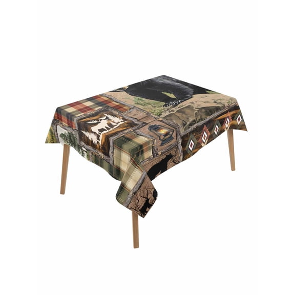 Vintage Black Bears Table Cloth, Abstract Country Plaid Fish Retro Waterproof Tablecloth for Rectangle Tables, Reusable Washable Fabric Table Cover for Restaurant Kitchen Dining Tables 52"x70"