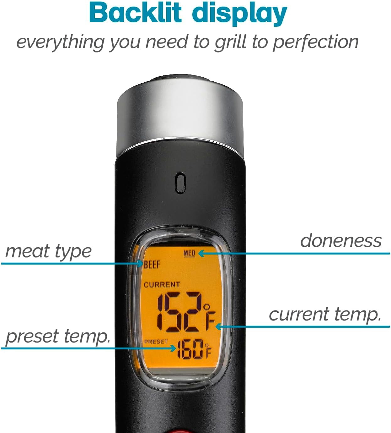 Polder Grill Partner Instant Read Thermometer for Grilling with Foldable 10" Probe, 10 Preset Temperatures and Built-in Torch Light