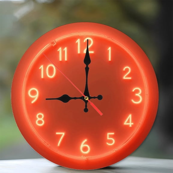 Orange Neon Clock Wall Decor Home Office 10-Inch Silent Wooden Wall Clock, Battery Operated (AA Batteries Not Included), Artistic Home Decor