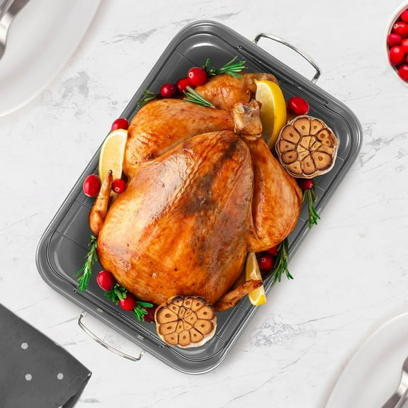 Heavy Duty Nonstick Roasting Pan 15x11 - Large Oven Tray with Rack for Turkey, Chicken & Veggies