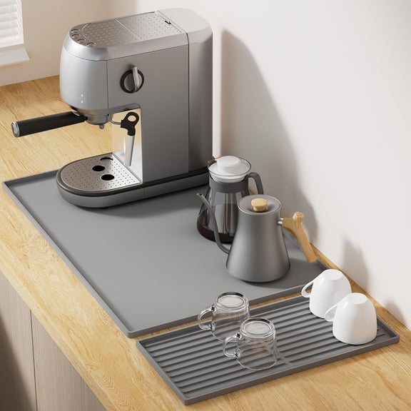 FORICOM Silicone Coffee Mat, 24''x15'' Bar Mat with Detachable Dish Drying Mat - Fits Under Coffee Maker & Dish Rack(Gray)