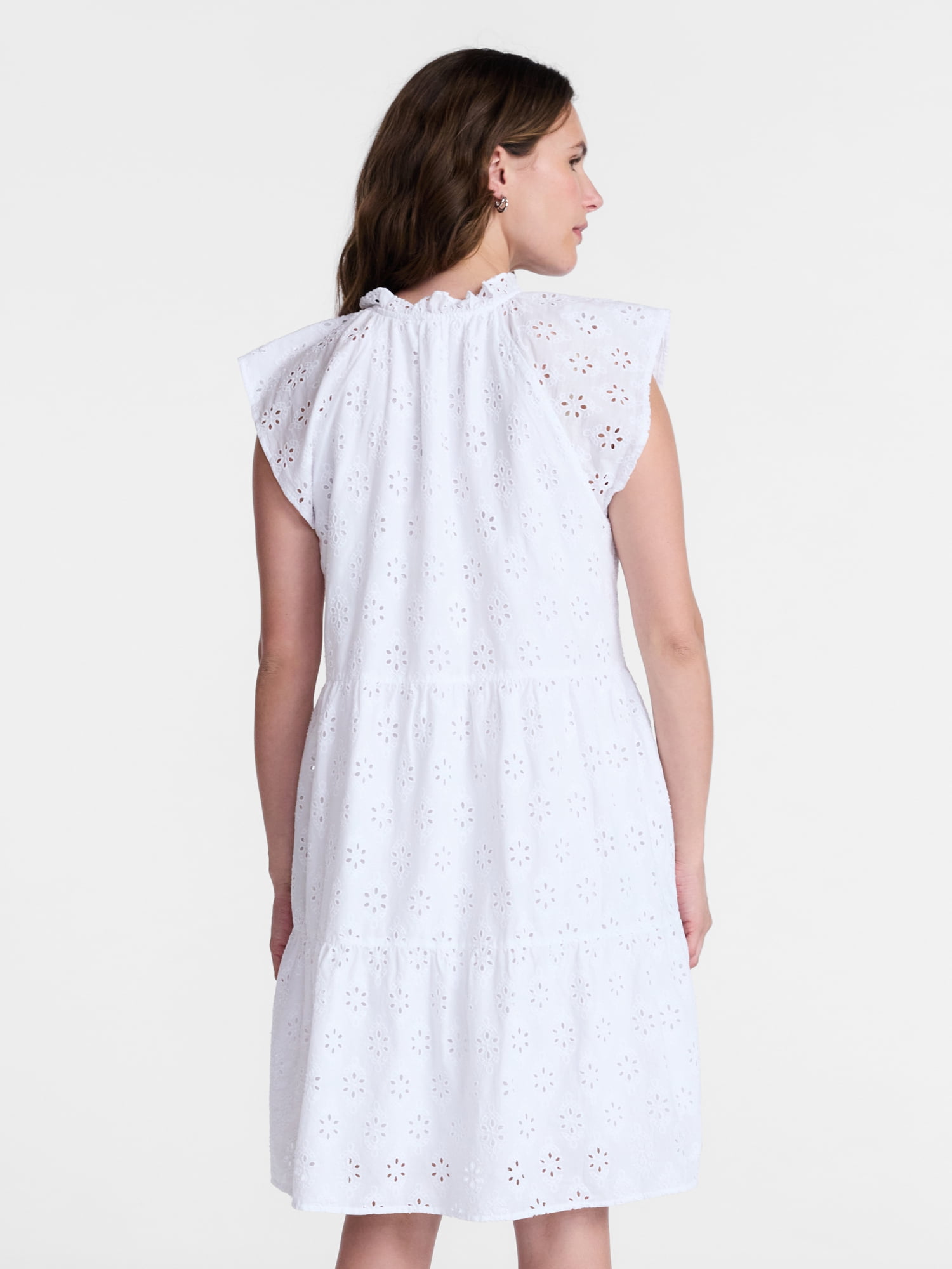 Time and Tru Women's Eyelet Embroidery Cotton Mini Dress with Flutter Sleeves, Sizes XS-XXXL