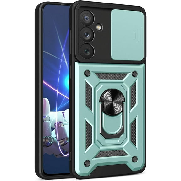 for Samsung Galaxy A34 5G Case with Slide Camera Cover, Military Grade Drop Protective Phone Cover Case with Ring Kickstand for Samsung Galaxy A34 5G SJ Green