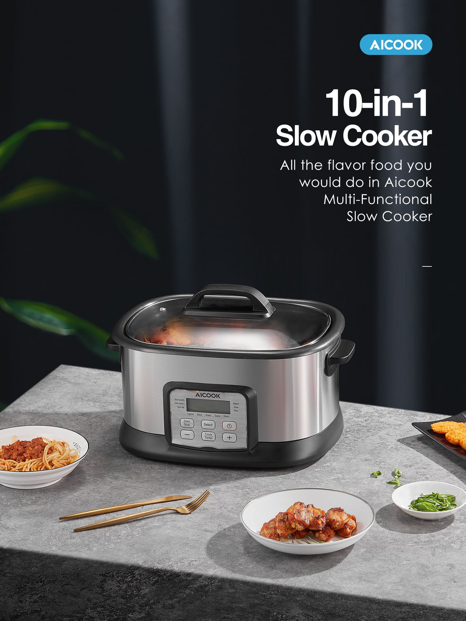  AMEGAT Slow Cooker 6 Quart, 10 in 1 Programmable