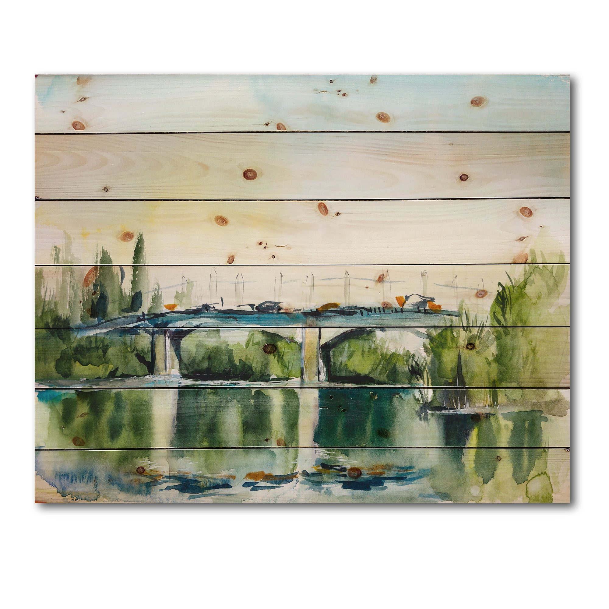 Designart 'Landscape With Old Bridge Over River In The Countryside' Traditional Print on Natural Pine Wood