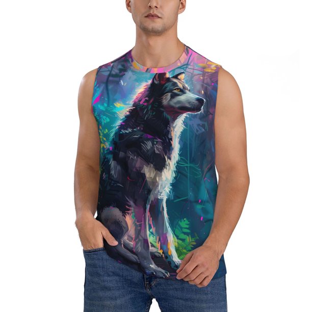 Balery Colorful Plant Wolf Camisetas sin mangas para hombre, absorbe la humedad y protege contra el mal olor.-X-Large