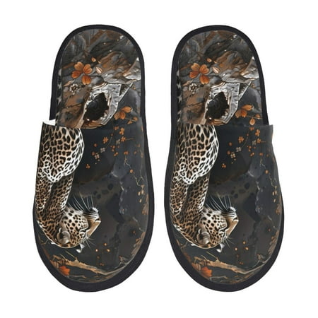 Balery Leopard On Tree Branch Slient Indoor Furry Fleece Comfort House Shoes Soft Non-Slip Home Shoes Cotton slippers House Slippers-- Large