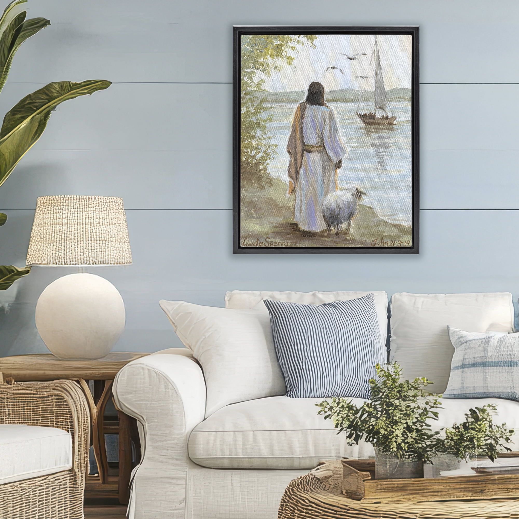 Stupell Industries Jesus Waiting Ashore Black Framed Floater Canvas Wall Art, design by Linda Sperruzzi