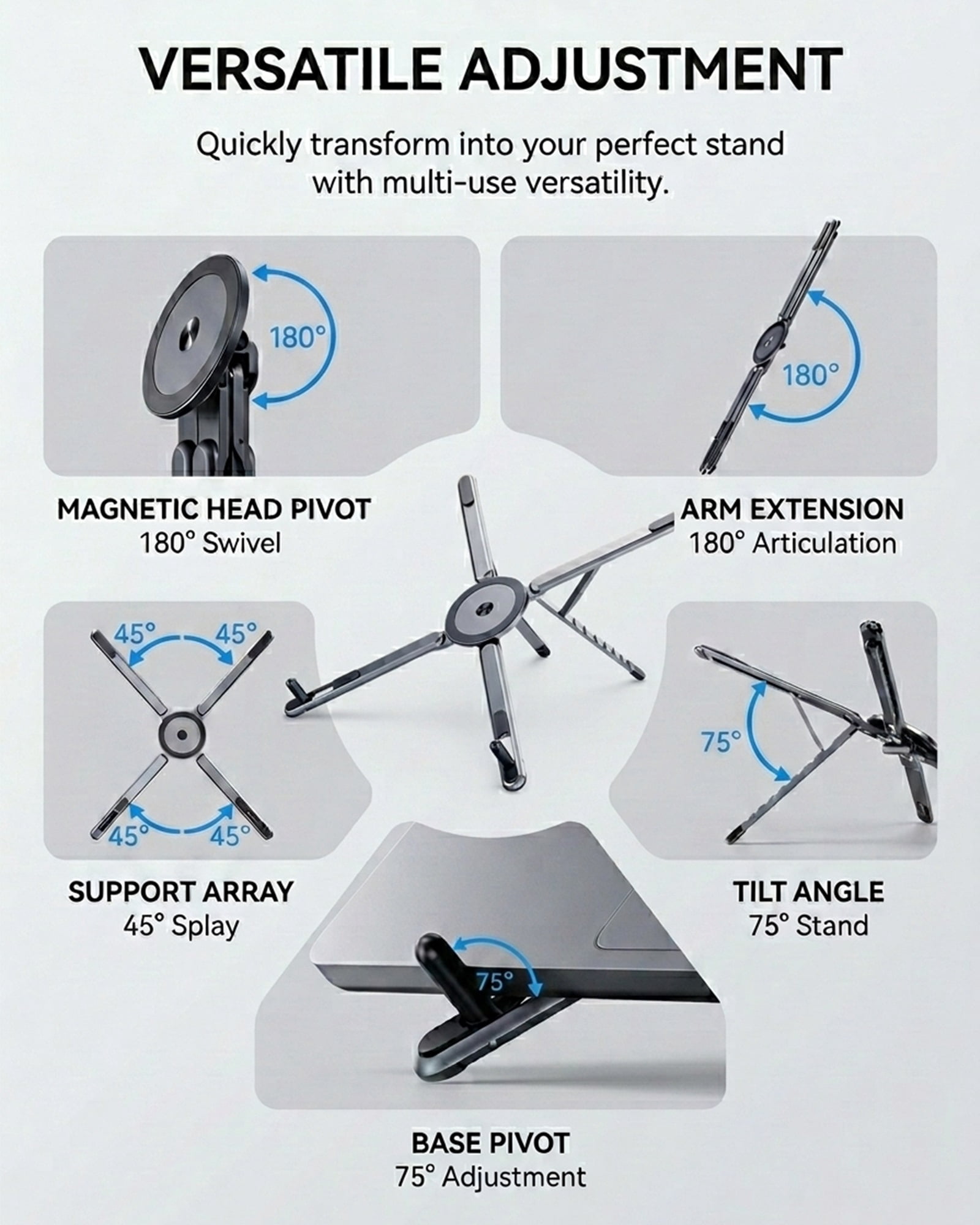 3-in-1 Magnetic Foldable Laptop Stand Portable Adjustable Computer Riser for Desk Integrated Folding Desktop Phone Holder Aluminum Tablets Collapsible Lying down Multi-angle Support