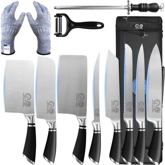 XYJ Authentic Since 1986,Professional Knife Sets for Master Chefs,8-pcs Chef Knife Set with Bag,Sheath,Sharpener Rod,Culinary Kitchen Butcher Meat Knives,Cooking Slicing,Chopping,Stainless Steel