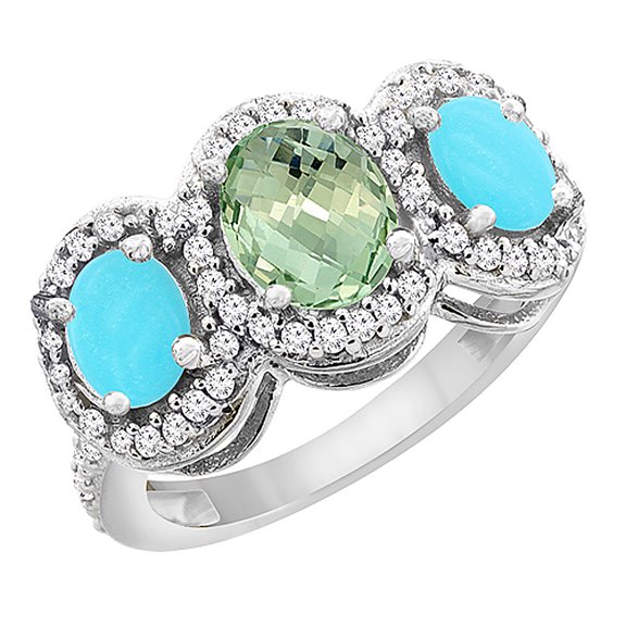 14K White Gold Natural Green Amethyst & Turquoise 3-Stone Ring Oval Diamond Accent, size 10