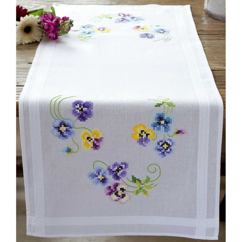 Vervaco Table Runner Stamped Embroidery Kit 16"X40"Pretty Pansies