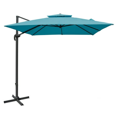 Sundale Outdoor 10ft Square Offset Hanging Umbrella Market Patio Umbrella Aluminum Cantilever Pole w/Stylish Dual Wind Vent, Cover, Crank Lift and Corss Frame, 360°Rotation, for Garden,Backyard, Blue