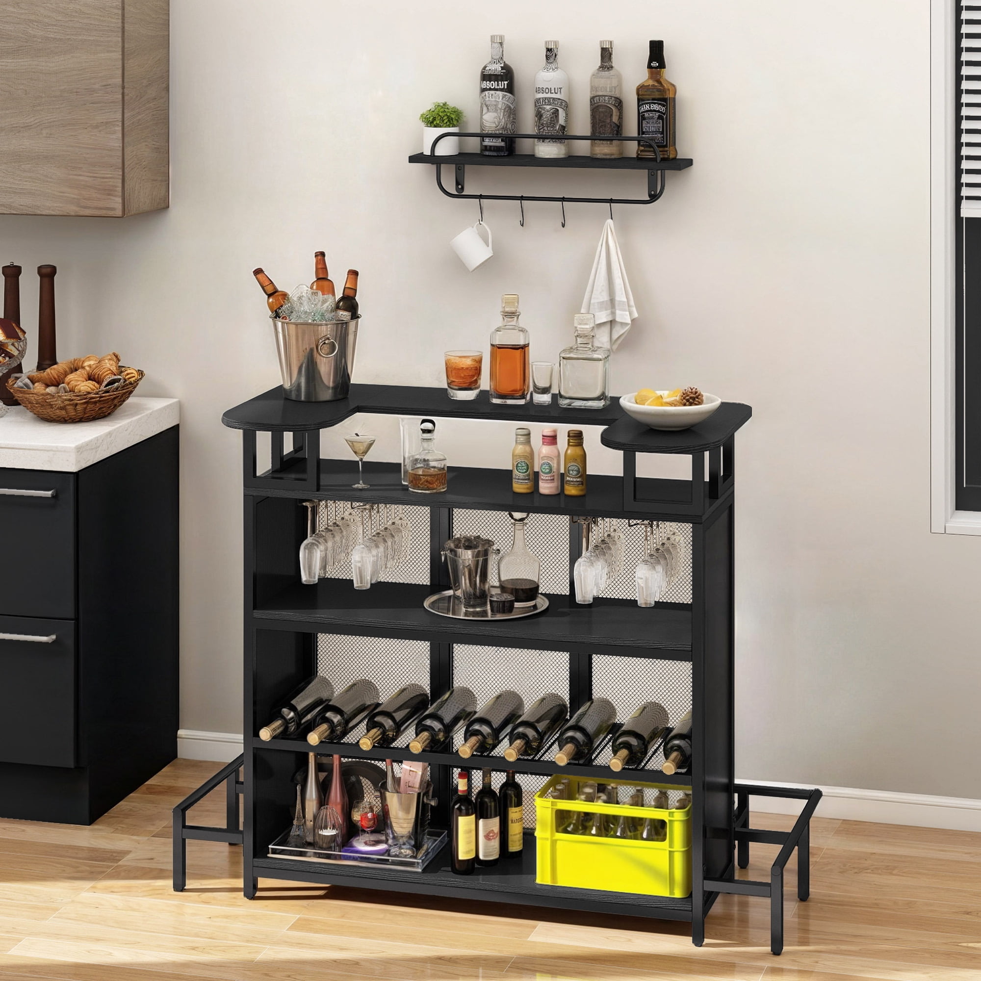 Uforic 5-Tier Home Bar Table with Wine Rack & LED Lights, Mini Bar Cabinet with Glass Holder, Black