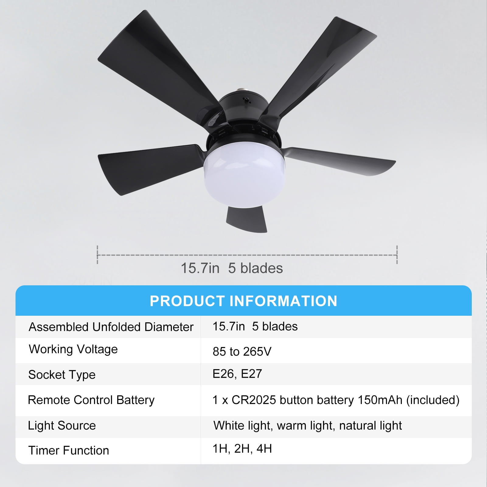 Socket Fan Light with Remote, 16” Screw Ceiling Fans with 3-Speeds, Dimmable LED, E26/E27 Base, Socket Fan Ceiling Fan for Garage Bathroom Bedroom Kitchen, Black Round Lamp