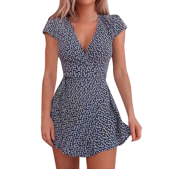 PALACLOTH Women Short Sleeve A-line Floral Back Zip Mini V-neck Dress