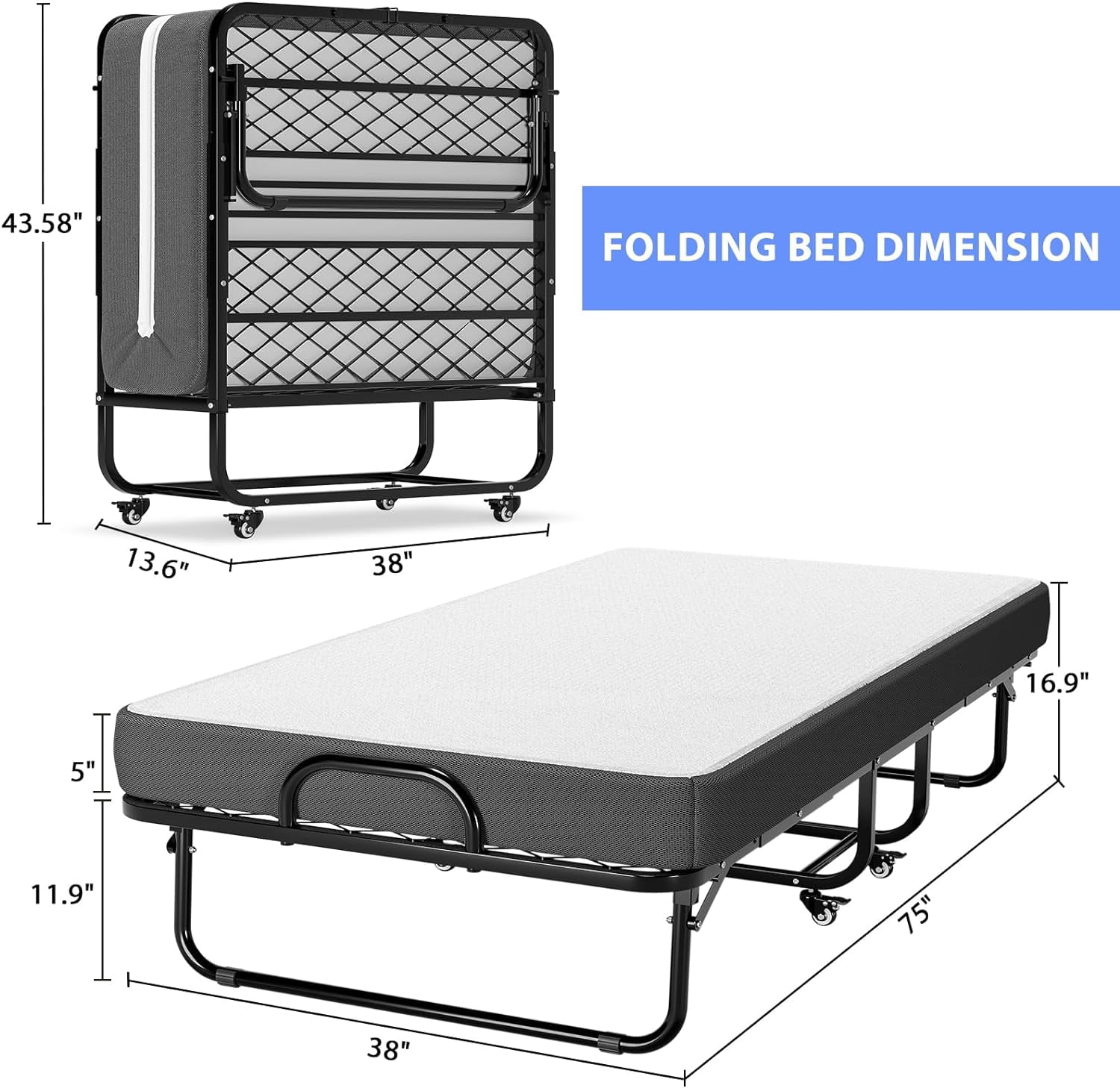 Metal Folding Bed with 5 Inch Mattress Twin Size Portable Guest Beds with Memory Foam Mattress&Wheels,Easy Storage and Move