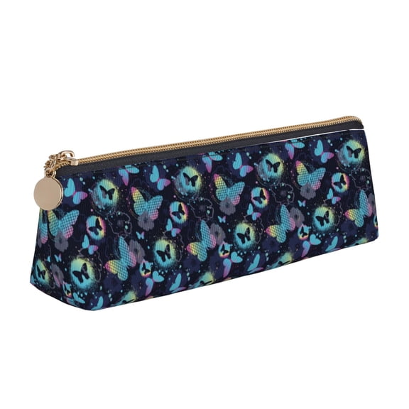 Xecao Blue Butterfly Print Leather Pencil Case -Stationery Bag Pen Holder for Work & Office