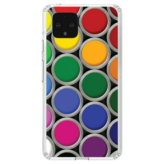 DistinctInk Clear Shockproof Hybrid Case for Google Pixel 4 XL (6.3" Screen) - TPU Bumper, Acrylic Back, Tempered Glass Screen Protector - Rainbow Paint Cans - Rainbow Art Supplies