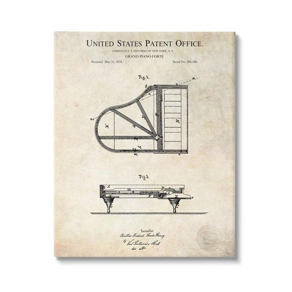 Stupell Industries Grand Piano Detailed Vintage Diagram Blueprint Instrument Canvas Wall Art, 16 x 20, Design by Karl Hronek