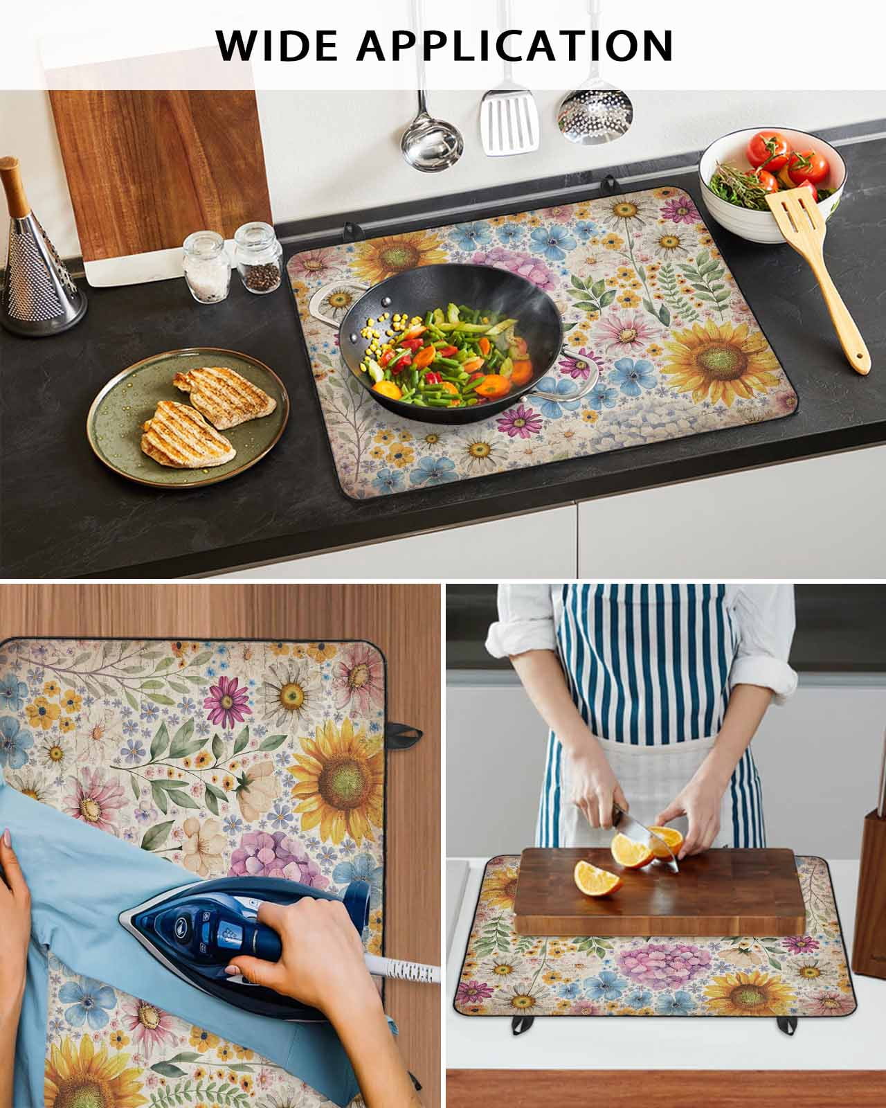 Large Induction Cooktop Protector Mat Sunflower Vintage Stove Top Covers for Electric Stove, Yellow Floral Summer Botanical Retro Art Decorative Stove Burner Cover Mats, Glass Top Stove Cover